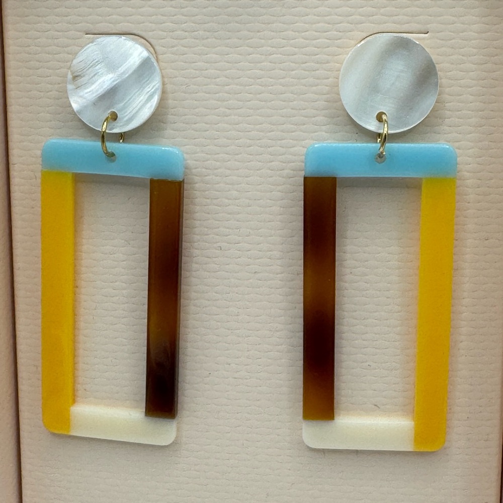 Parker Rose multi-color mother of pearl rectangular dangle earrings. New in box.